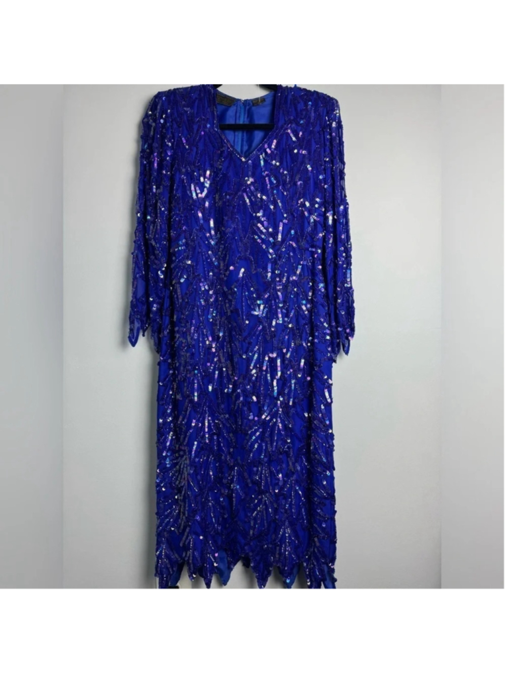 Mark & John by SAM Vintage Blue beaded/sequin zigzag pattern hem Silk midi dress